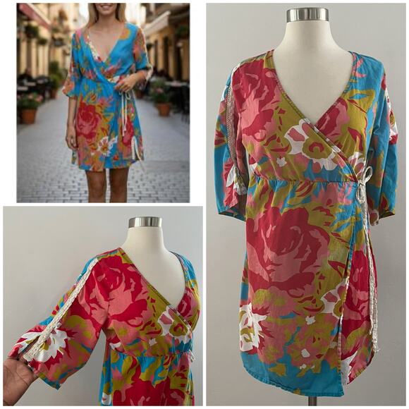 Anthropologie Porridge Floral Wrap Dress Women's M Colorful Tropical Resortwear - Picture 1 of 15